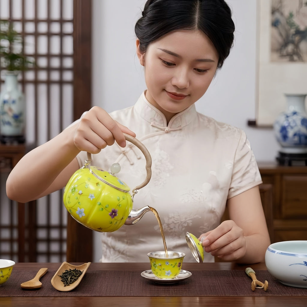 925 Sterling Silver Elegant Hand-Painted Floral Enamel Tea Kettle with Woven Fiber Handle - Handicraft