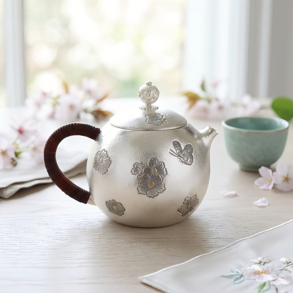 Pure 999 Fine Silver Elegant  Teapot with Floral Embellishments and Butterfly Motif-exquisite handmade teapot - Handicraft