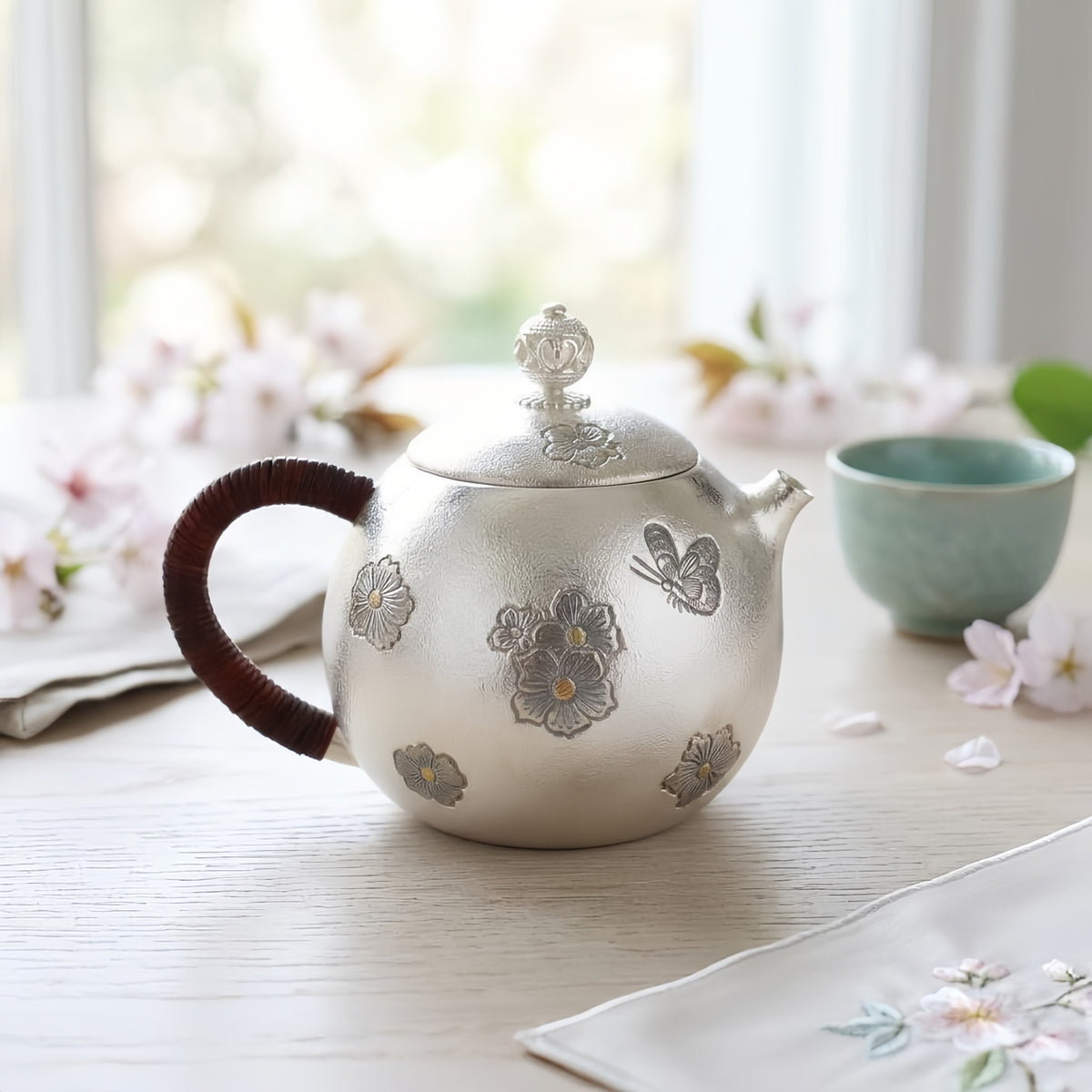 Pure 999 Fine Silver Elegant  Teapot with Floral Embellishments and Butterfly Motif-exquisite handmade teapot - Handicraft