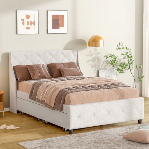 Queen Size Bed Frame With Storage Headboard, Metal Platform Bed No Noise, Mattress Foundation Strong Metal Slats Support No Box Spring Needed