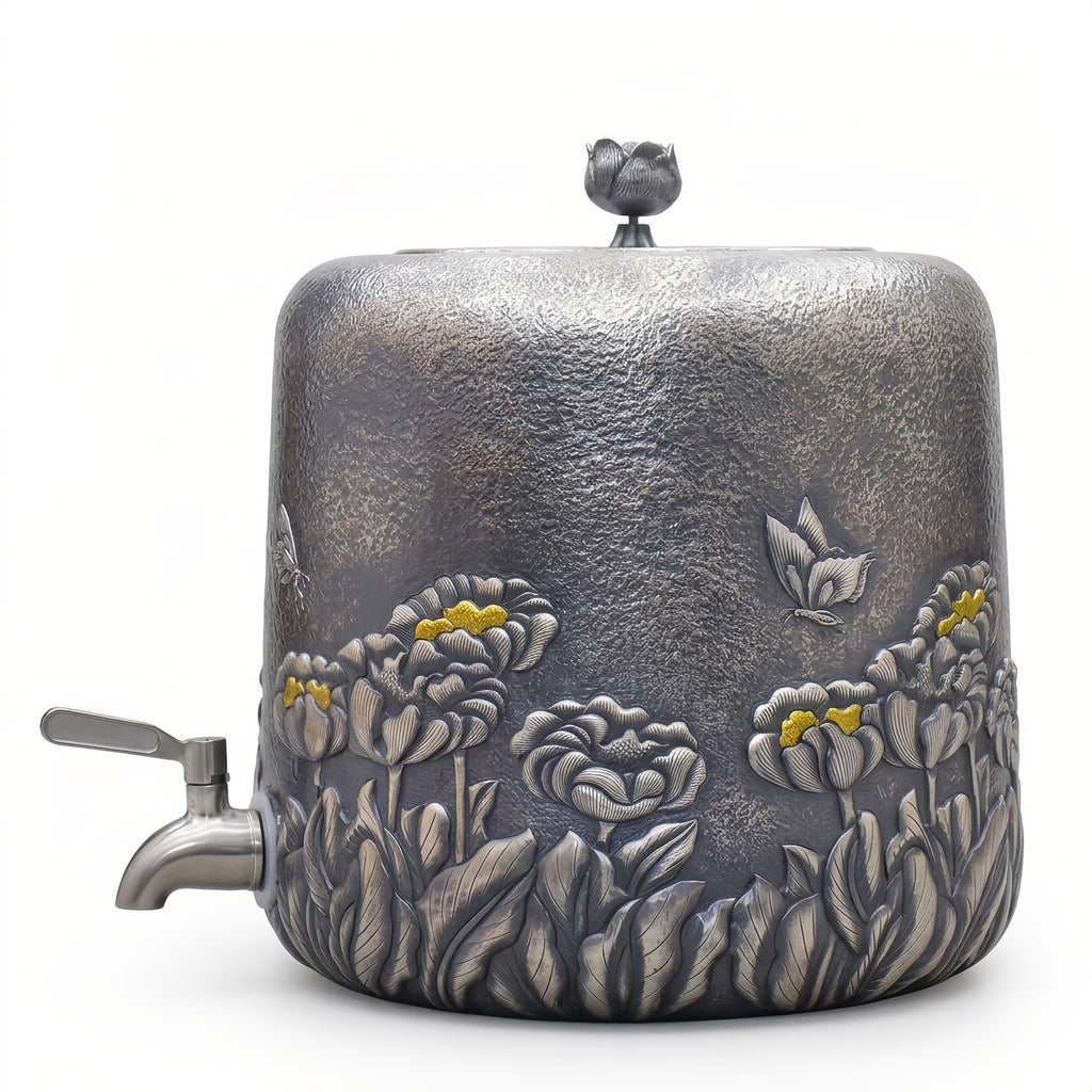 925 Sterling Silver Ornate Floral Embossed Beverage Dispenser with Intricate Butterfly Accents and Metallic Finish - Handicraft