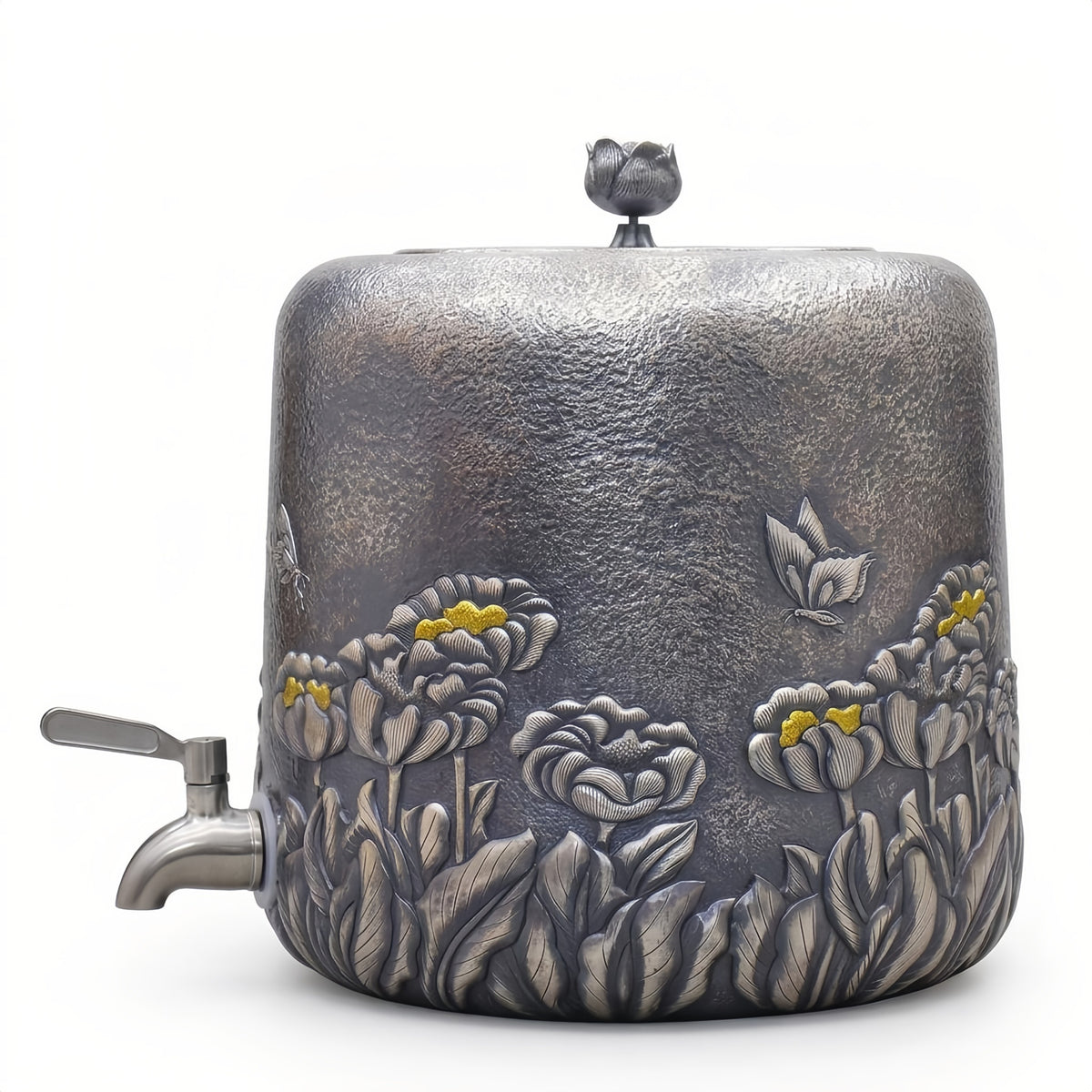 925 Sterling Silver Ornate Floral Embossed Beverage Dispenser with Intricate Butterfly Accents and Metallic Finish - Handicraft