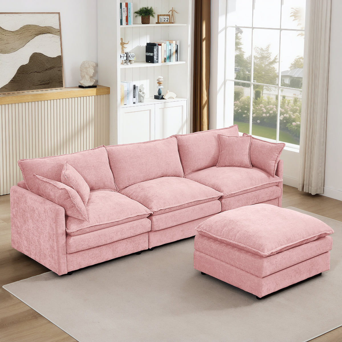 Modular Sectional Sofa, 102 Inch L Shaped Couch Set For Living Room, 3-Seater Comfy Cloud Couches With Movable Ottoman, DIY Combination, Chenille