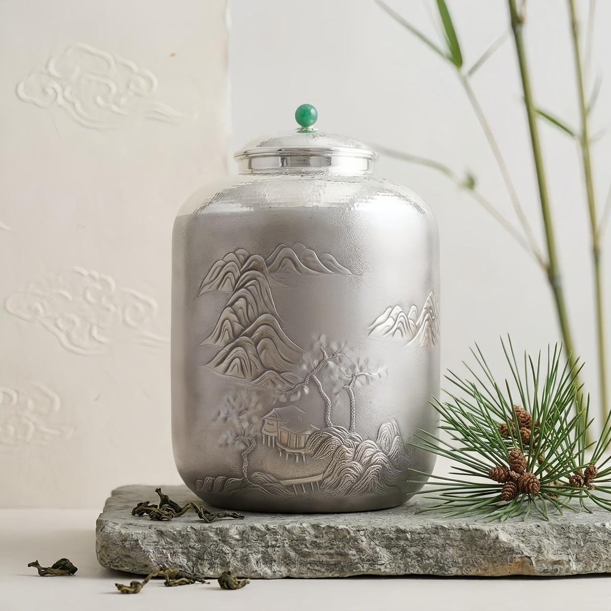 Pure 999 Fine Silver Elegant Silver-Toned Jar with Intricate Landscape Relief and Jade Finial - Handicraft