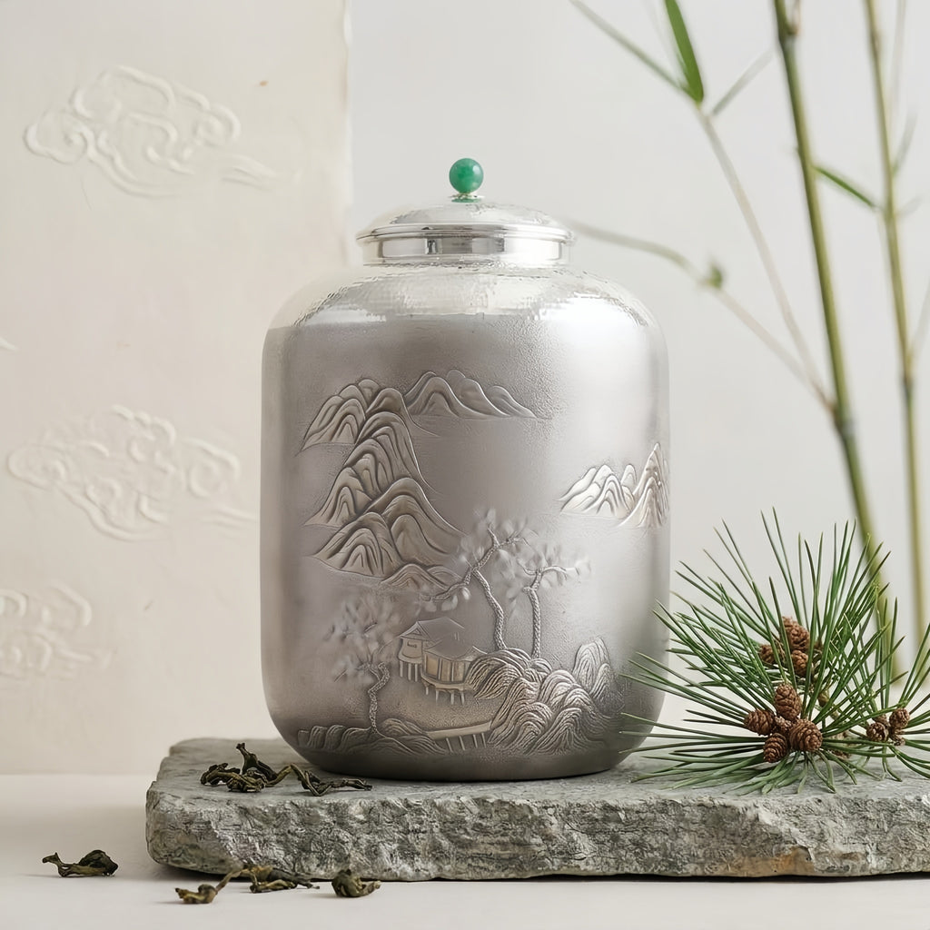 Pure 999 Fine Silver Elegant Silver-Toned Jar with Intricate Landscape Relief and Jade Finial - Handicraft