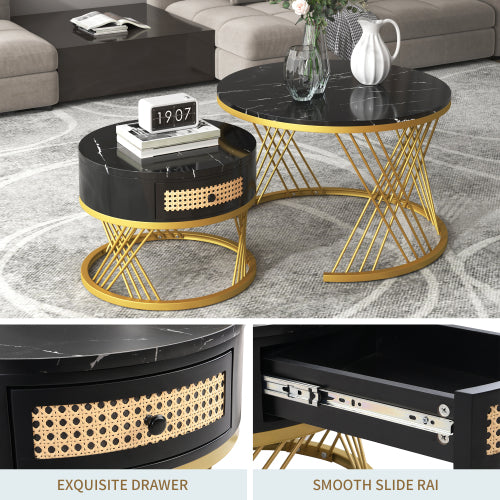 2 In 1 Round Coffee Table Made Of MDF With Marble Grain Veneer Top, Rattan Drawers And Solid Wood Handles. Gold Coloured Iron Legs. 70x70x45.5  50x50x38.5cm