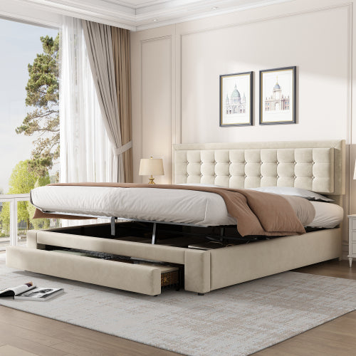 Upholstered Bed King Size Bed 5ft 150x200cm Velvet Fabric  Double Bed  Large Storage Space,With Slats And Headboard,Without Mattress,Grey