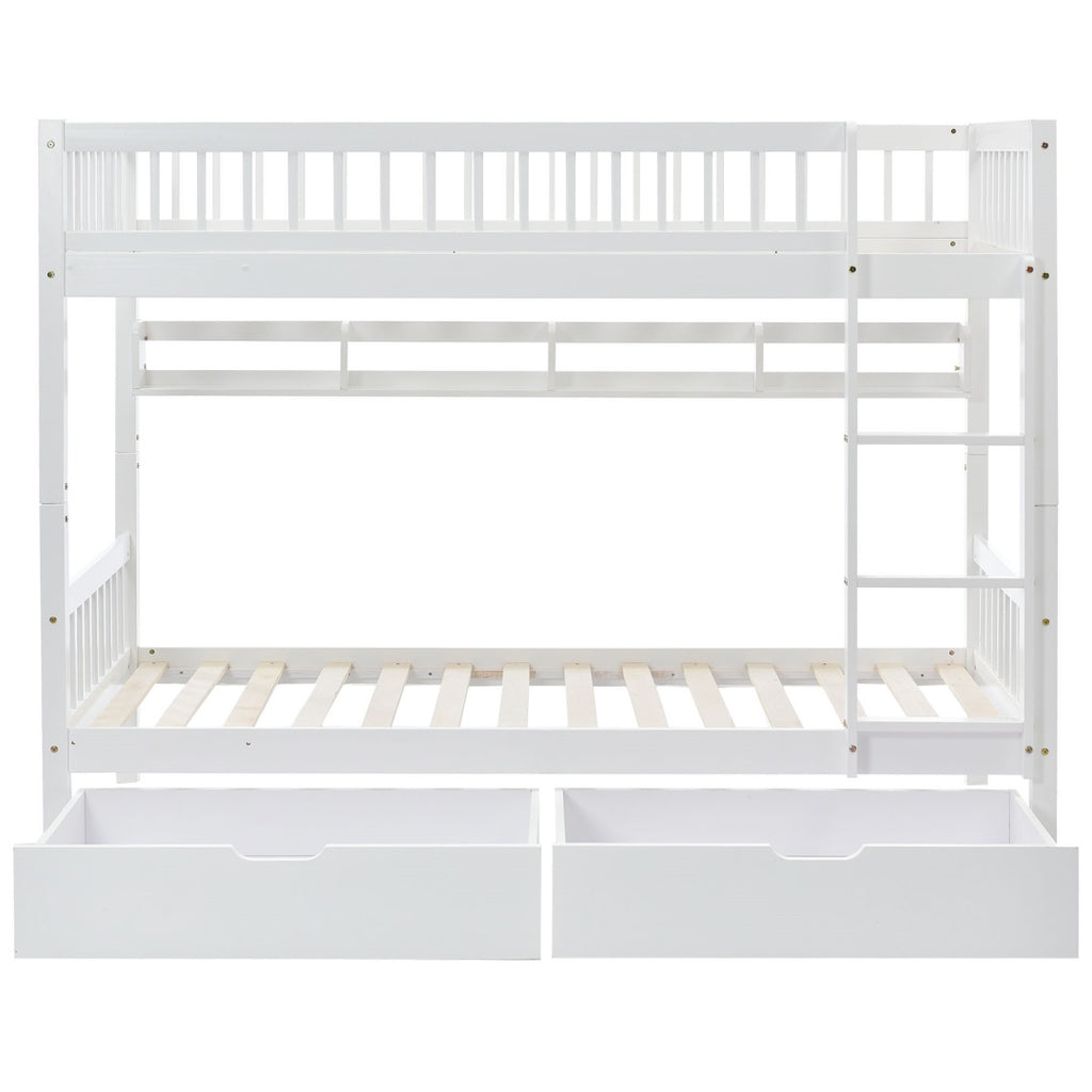 Bunk Bed, Kids Children, 3FT Solid Pine Wood Single Bed Frame & Under Bed Slide Drawer Storage, With Shelf, White 90x190cm