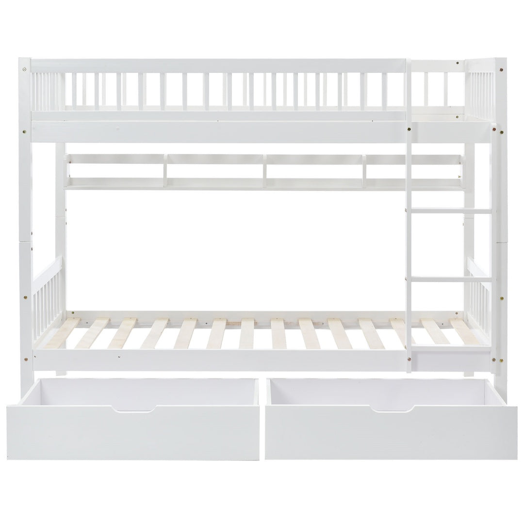 Bunk Bed, Kids Children, 3FT Solid Pine Wood Single Bed Frame & Under Bed Slide Drawer Storage, With Shelf, White 90x190cm