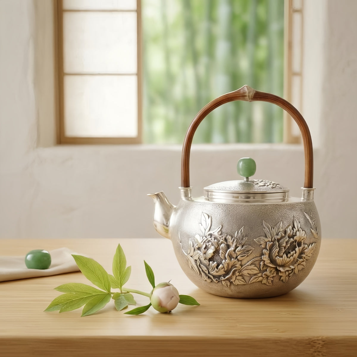 925 Sterling Silver Handcrafted Fine Silver Teapot with Intricate Peony Relief and Jade Green Finial - Handicraft