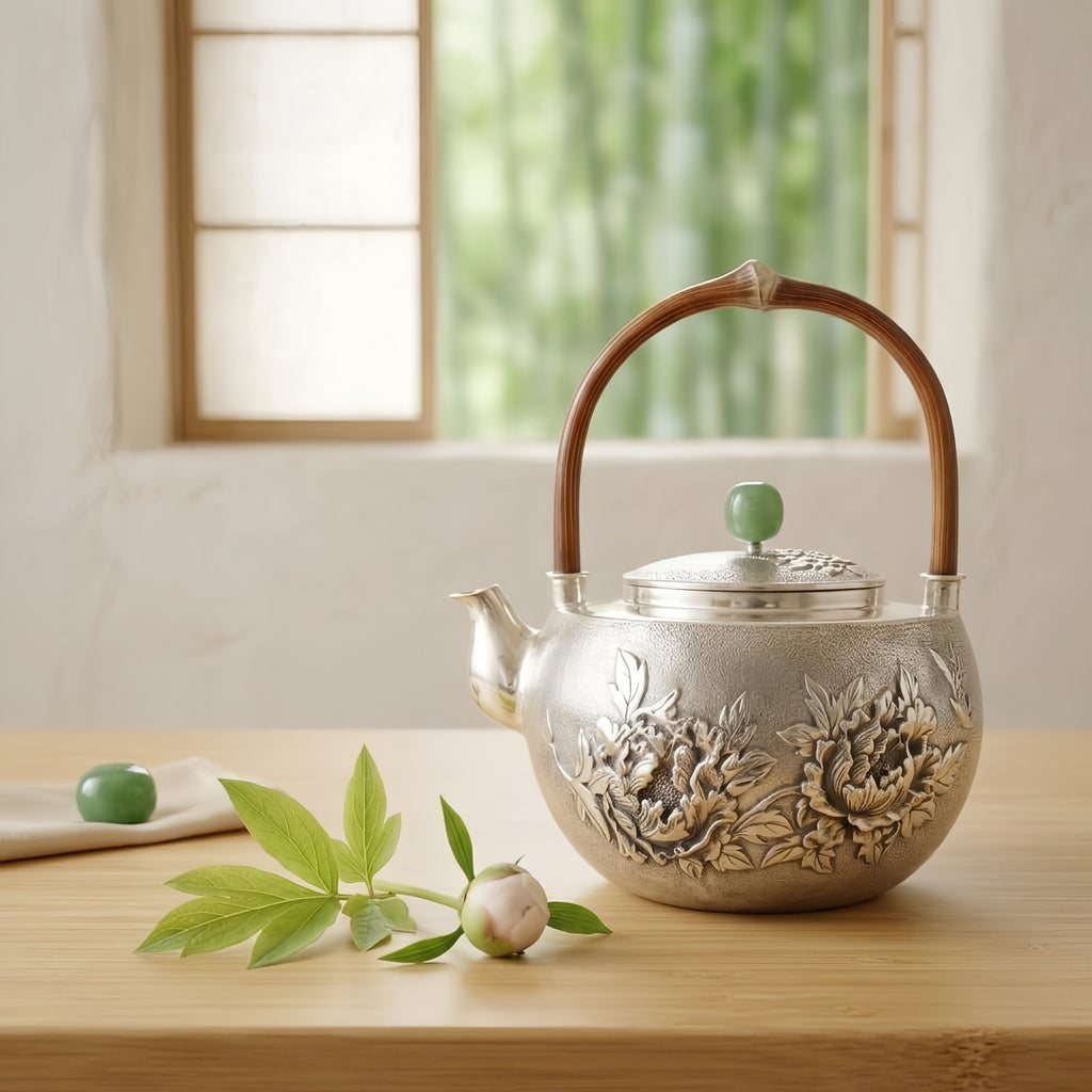 925 Sterling Silver Handcrafted Fine Silver Teapot with Intricate Peony Relief and Jade Green Finial - Handicraft