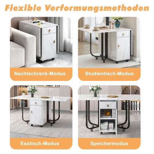 Folding Dining Table 1 Piece With Cupboard And 2 Drawers, Folding Kitchen Utility Table, Space-saving Dining Table With 4 Supporting Legs On Gliders White  Black
