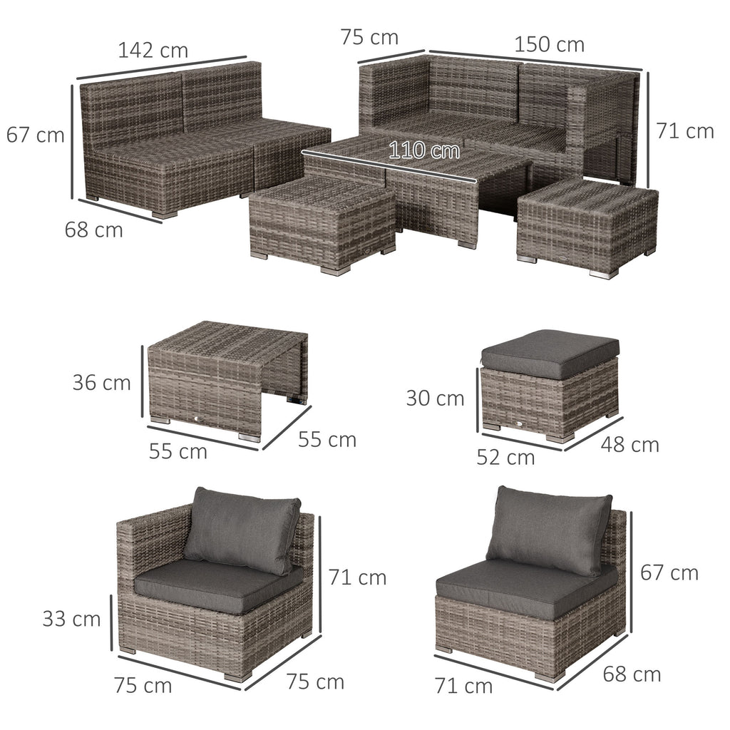 8 Pieces Rattan Garden Furniture Set, Garden Corner Sofa Set With 4 Chairs, 2 Footstools, 2 Coffee Tables And Cushions, Space-Saving Design, No Assembly Required, Grey