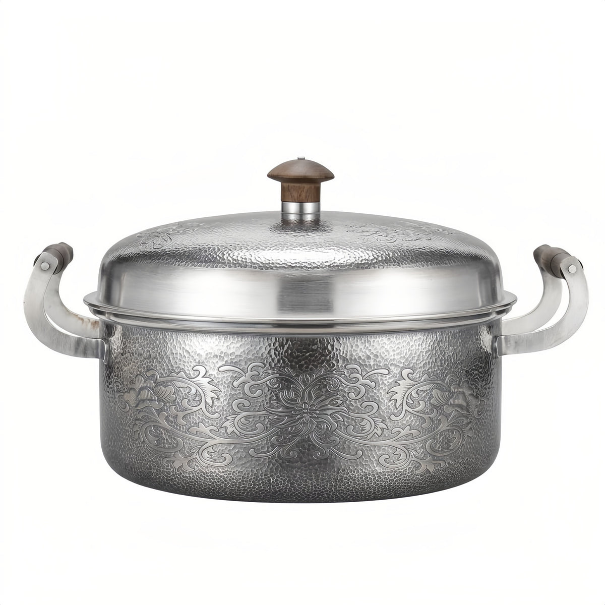 Pure 999 Fine Silver Elegant Hand-Hammered Silver Metal Pot with Intricate Floral Engravings and Wooden Handles - Handicraft