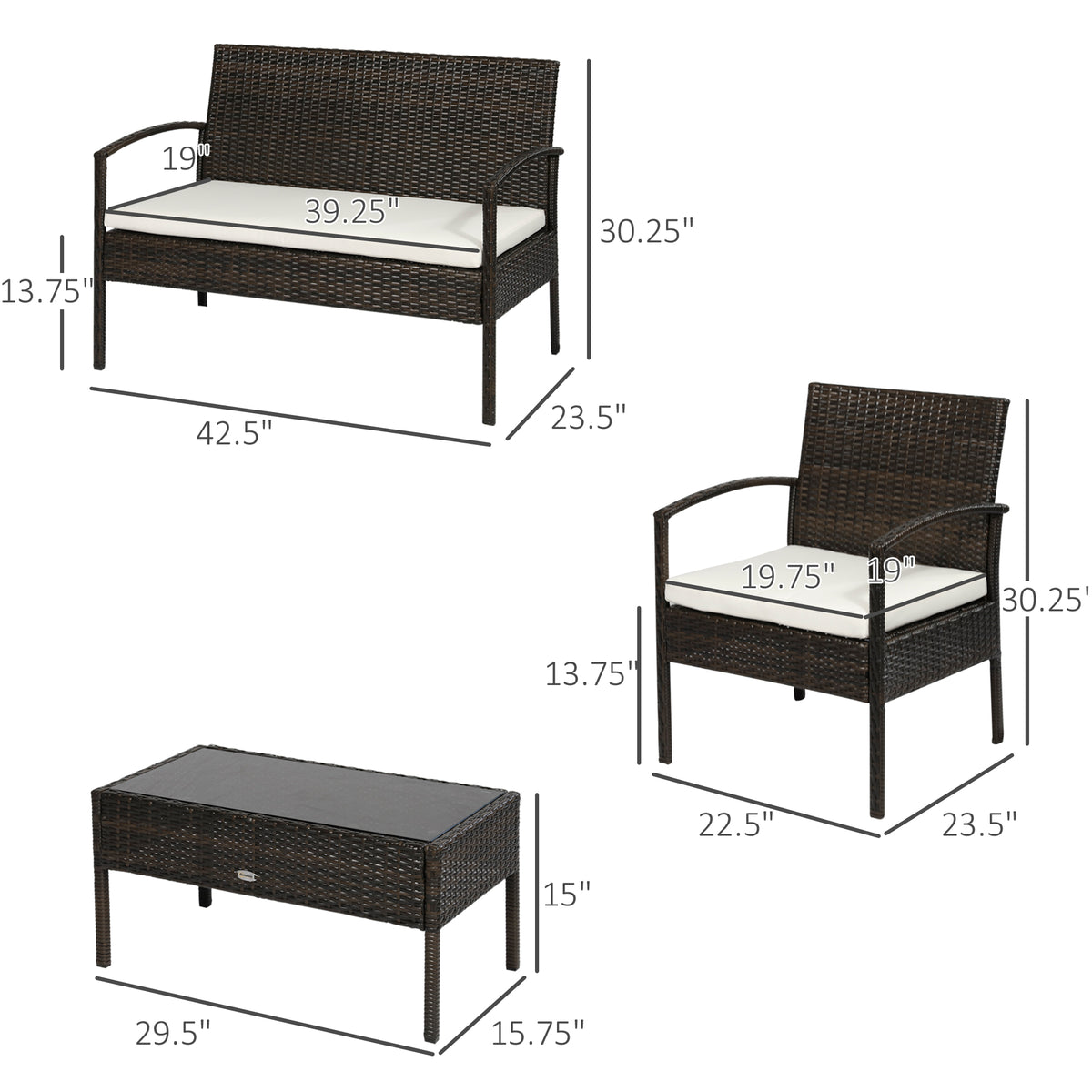 Patio Furniture Set, 4 Piece Indoor Outdoor PE Wicker Conversation Set with Chairs, Loveseat Sofa, Cushions, Glass Table for Backyard, Sunroom, Pool, Garden, Brown