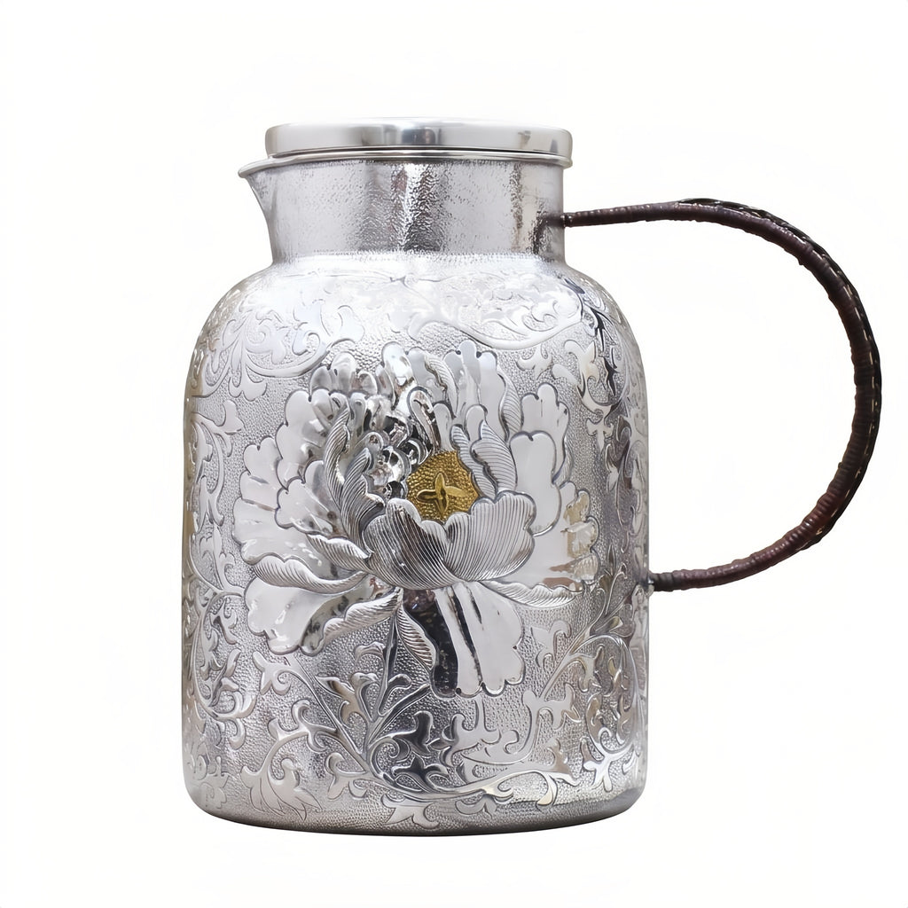 925 Sterling Silver Handcrafted Silver Pitcher Featuring Exquisite Peony Relief and Woven Handle - Handicraft