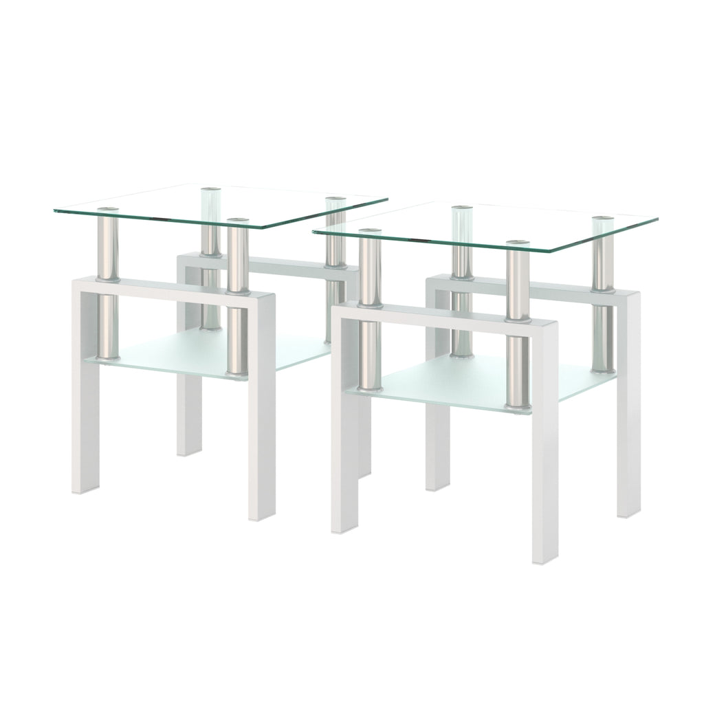 2-Pc Modern Tempered Glass Coffee Tea End Tables For Living Room