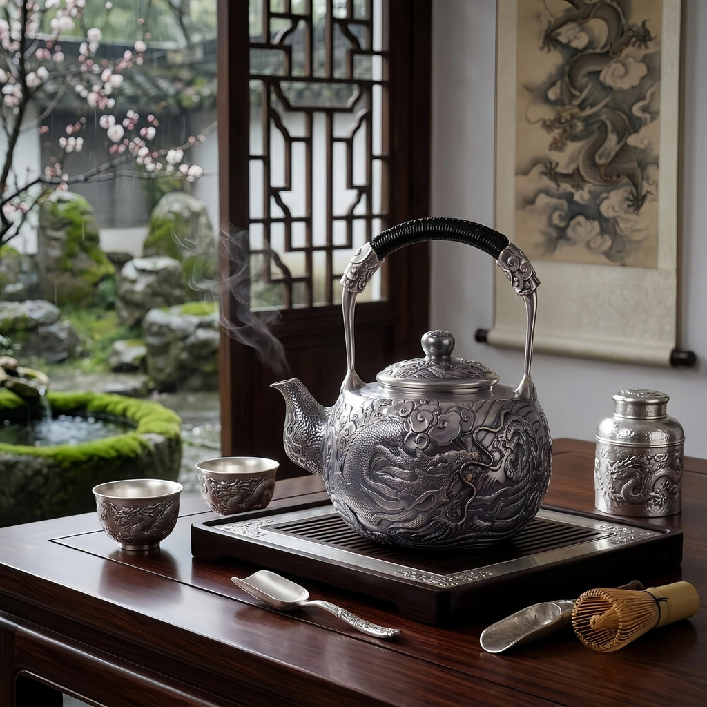 Pure 999 Fine Silver Handcrafted Silver Dragon Teapot with Intricate Relief Carvings and Woven Handle - Handicraft