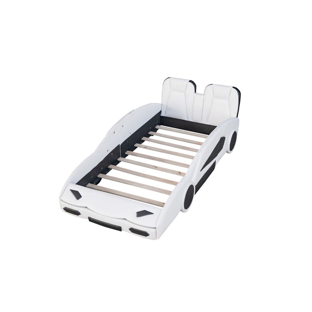 Twin Size Race Car-Shaped Platform Bed With Wheels, White