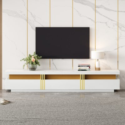 Luxury TV Stand With Faux Marble Top, TV Cabinet Golden Panel Design, And 3 Drawers For Televisions Up To 89'', Rectangle Media Console, Practical Entertainment Center For Living Room, White