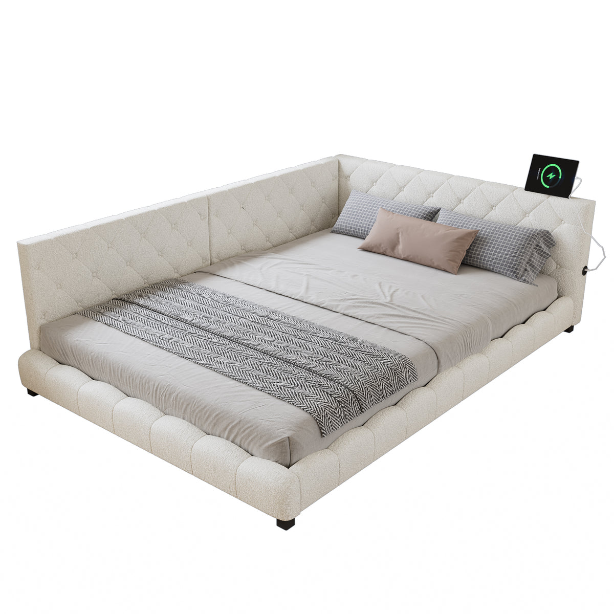 Upholstered Bed, 4ft6 Double Bed 135x190cm, With Side Rails On The Bed, With Two Comfortable Headboards, Boucle  Plywood, Beige