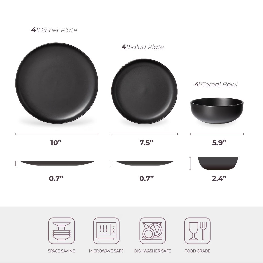12-Piece Stoneware Dinner Plates Bowls Sets  Microwave & Dishwasher Safe   Non-Toxic Dinner Plates Bowls Set   Stackable Matte Glaze Kitchenware For 4
