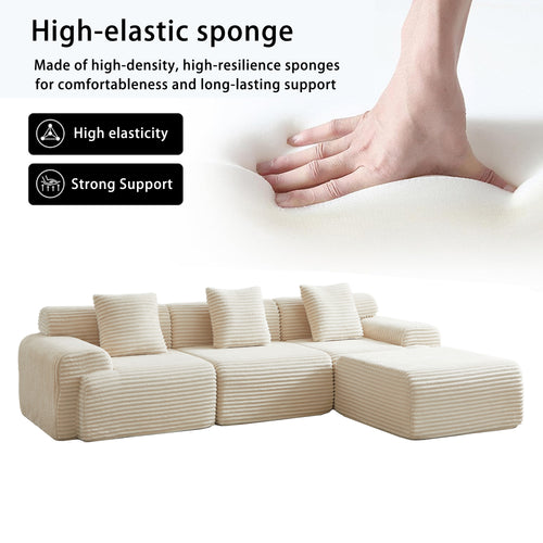 114-inch Corduroy Modular Sofa Boneless Couch, Featuring An Inlaid Structural Design, Three Throw Pillows, Wider Backrest Design And Four Freely Configurable Modules.