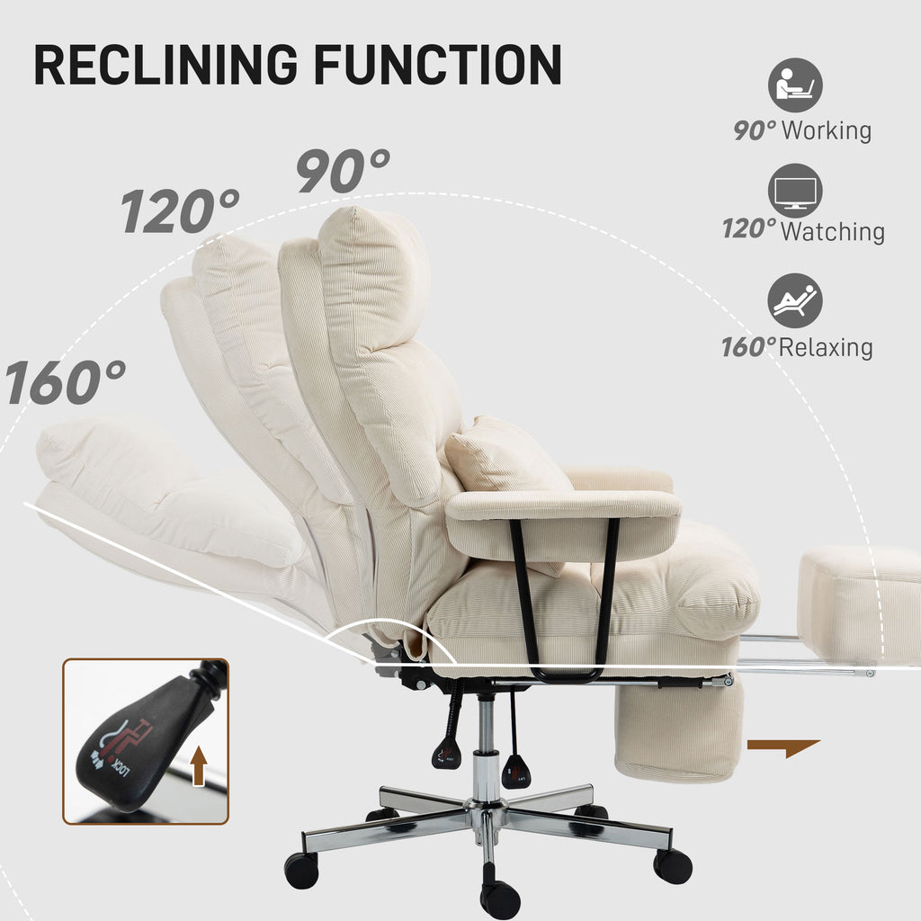 Executive Office Chair With Lumbar Support, Footrest, High Back Reclining Overstuffed Desk Chair With, Cream White