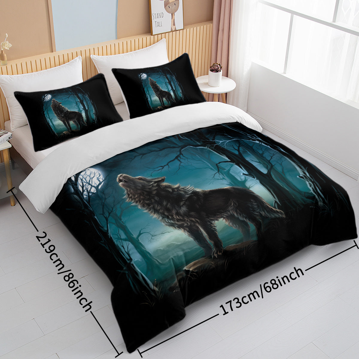 Moon Wolf Bedding Green Watercolor Forest Wolf Landscape Duvet Cover Sets 3 Pieces Wild Animal Bedding Set Twin Full Queen King Size