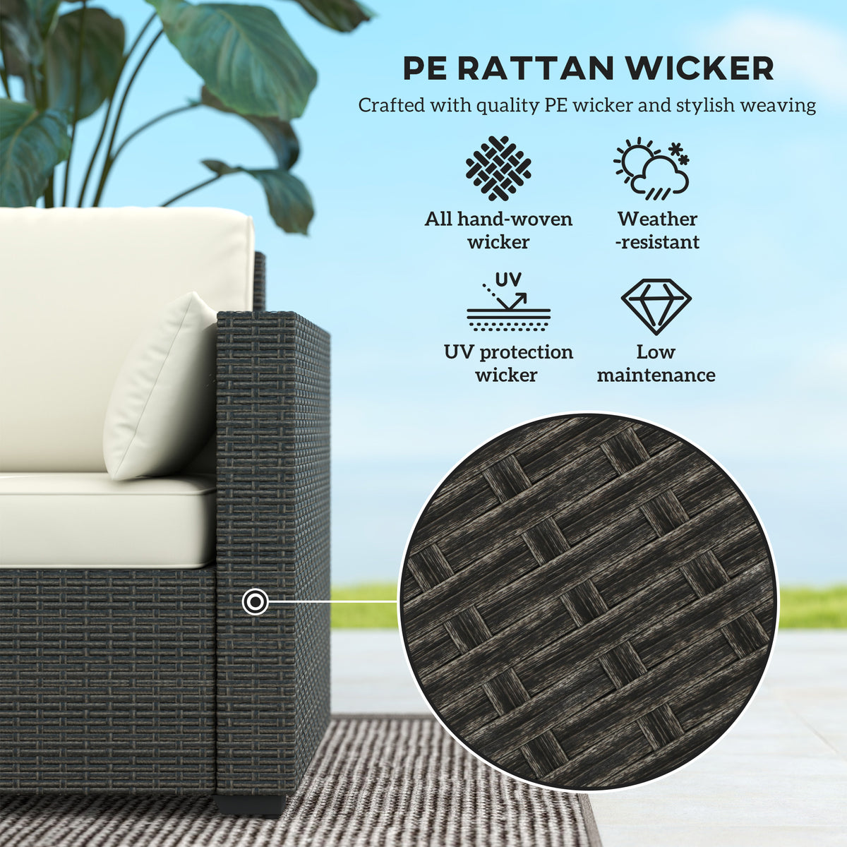 Patio Couch PE Wicker Deep Seating Outdoor Sofa with Removable Cushions, 3 Seater Rattan Sofa, Outdoor Furniture for Balcony, Deck, Garden and Poolside, Cream White