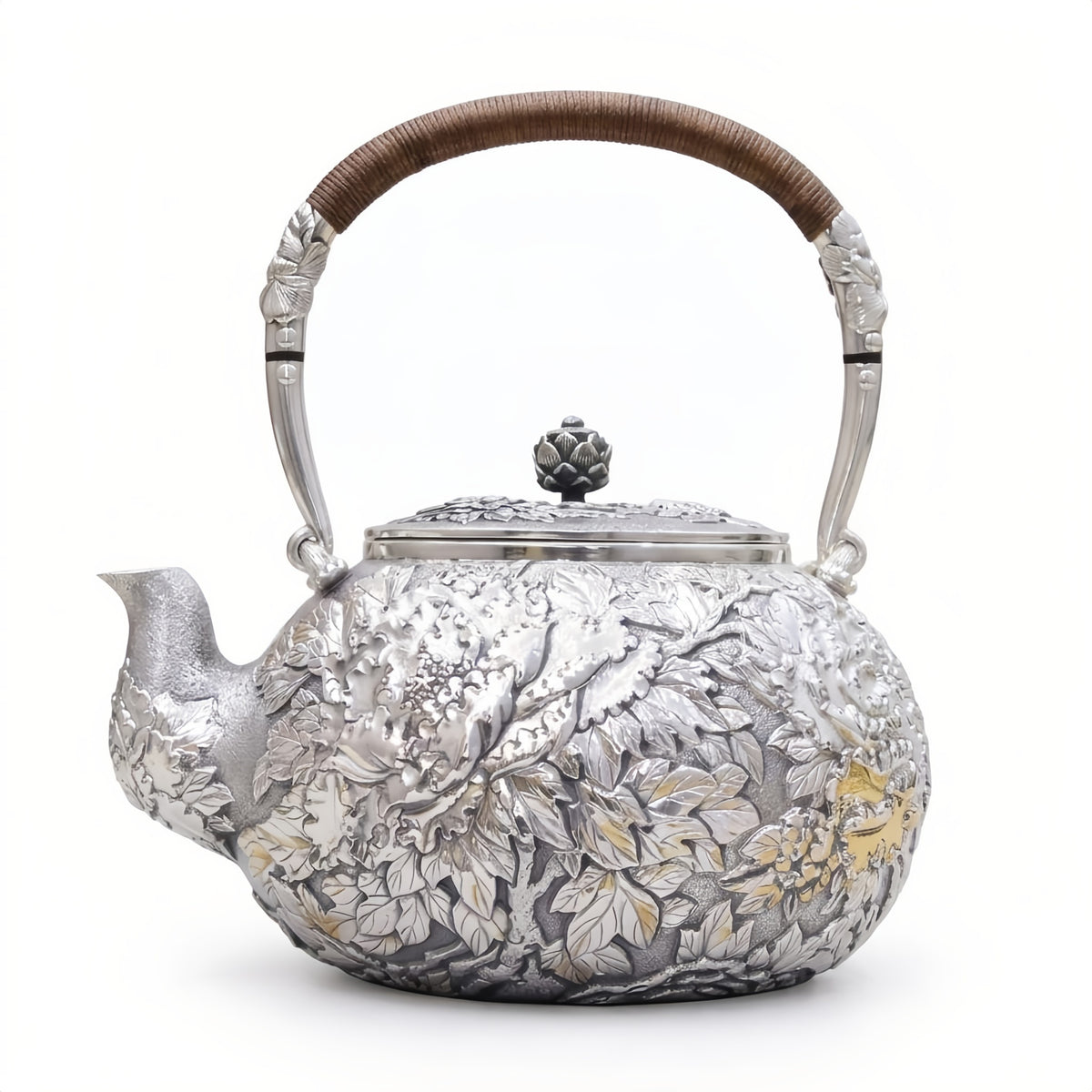Pure 999 Fine Silver Handcrafted Silver Teapot with Intricate Floral Relief and Rattan-Wrapped Handle - Handicraft