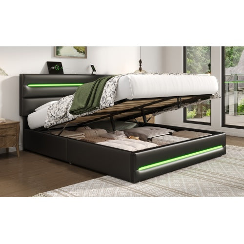 5ft King Upholstered Bed Frame With Hydraulic Storage, PU Ottoman Bed With LED Lighting And Charging Station, LED Adjustable Headboard With USB And Type - C Ports, Black