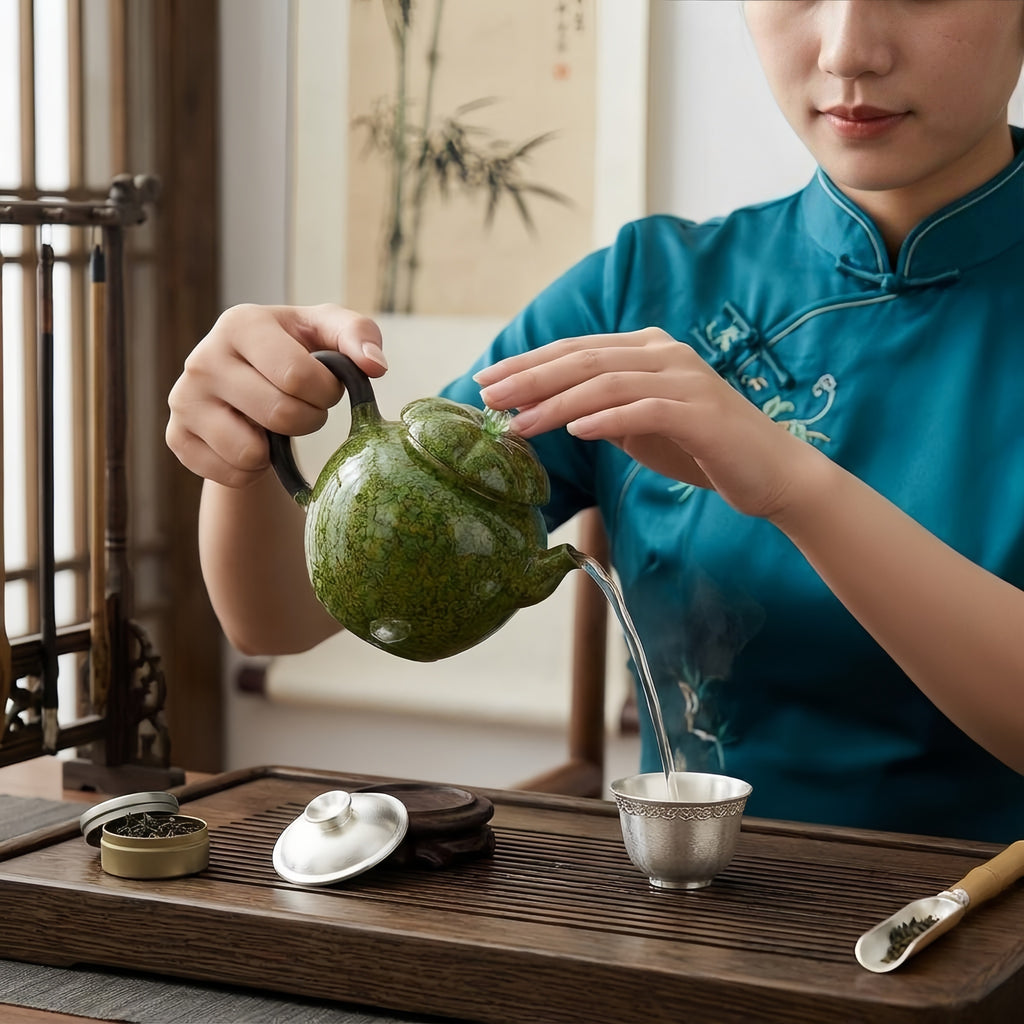 Pure 999 Fine Silver Artistic Hand-Glazed Green Speckled Teapot with Elegant Wooden Handle and Scalloped Lid - Handicraft