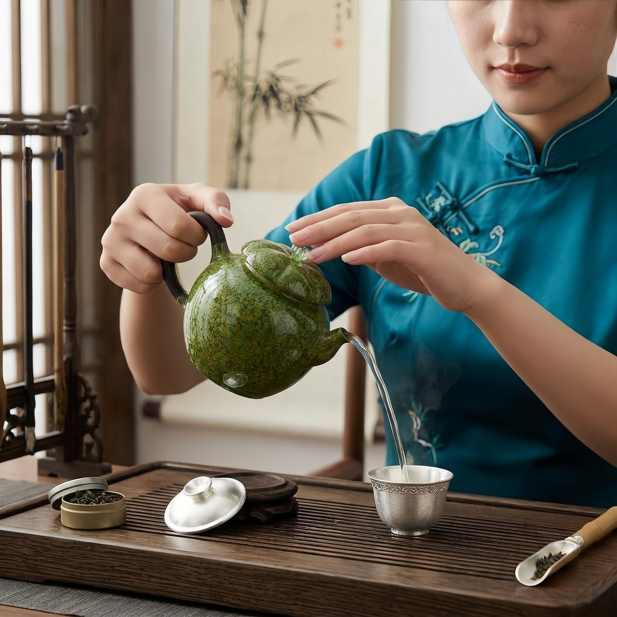Pure 999 Fine Silver Artistic Hand-Glazed Green Speckled Teapot with Elegant Wooden Handle and Scalloped Lid - Handicraft
