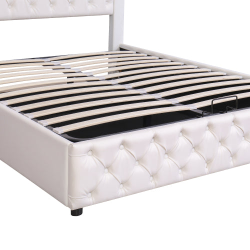 Upholstered Bed 150 X 200 Cm Functional Bed With Slatted Frame And Storage Space, LED Lighting In Different Colors, White, PU