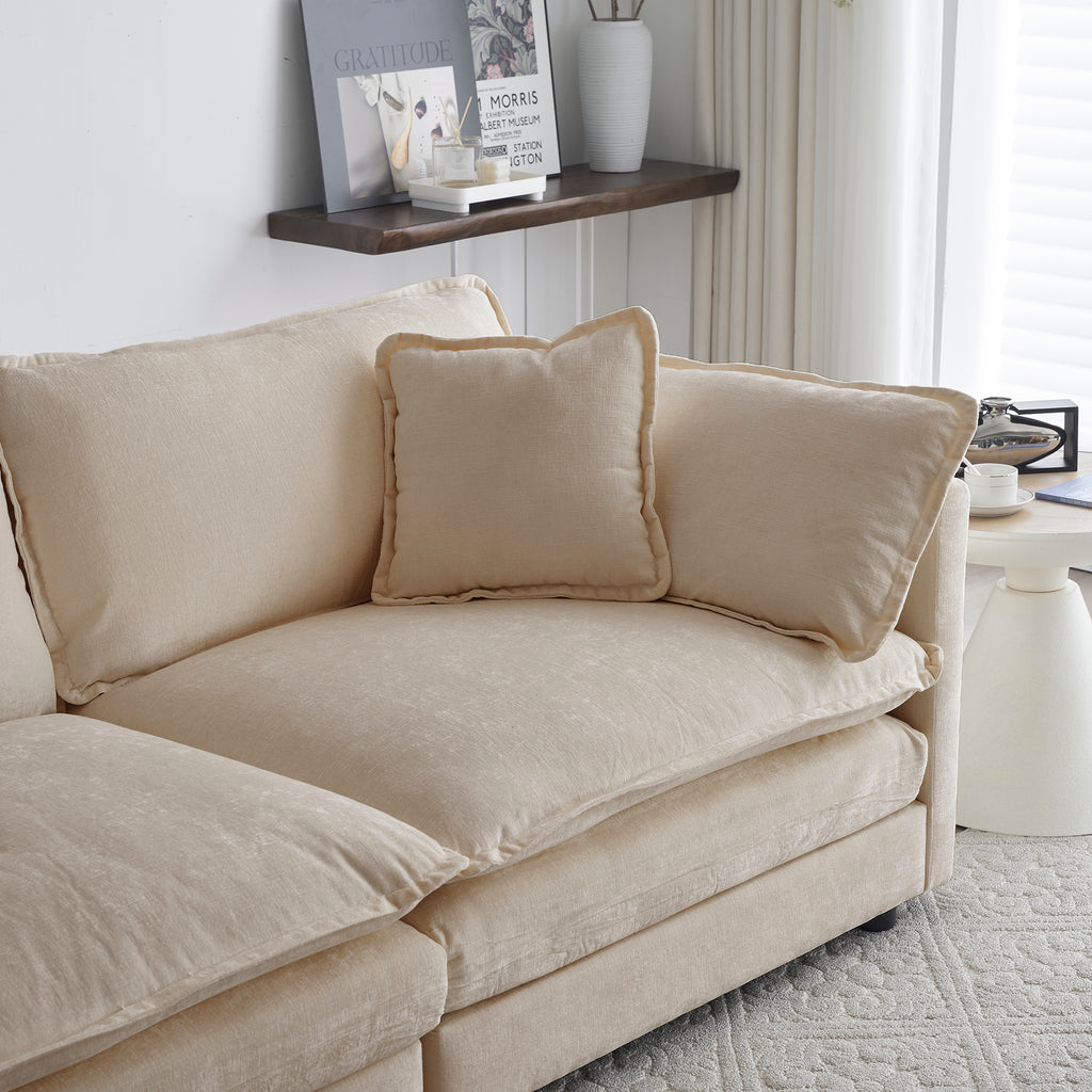 Chenille Two-Seater Sofa With 1 Footrest, 2 Seater L-Shaped Sectional With Ottoman,Loveseat With Ottoman For Small Living Space, Beige Chenille