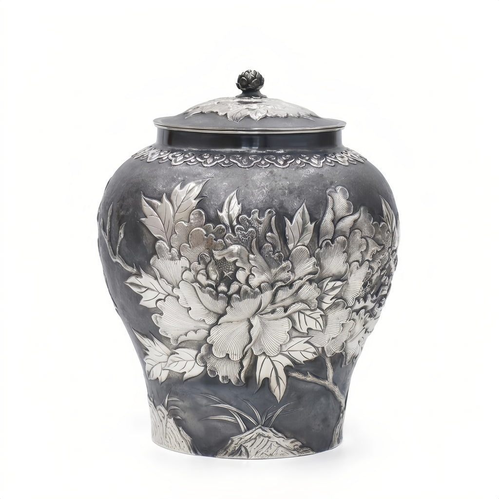 Pure 999 Fine Silver Antique  Vase with Intricate Floral Engraving-Premium Tea Barrel - Handicraft