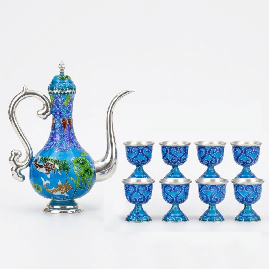 925 Sterling Silver Enamel and  Teapot Set with Eight Cups: Ornate Blue Design on Wooden Stand - Handicraft