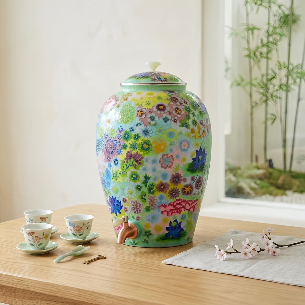 Pure 999 Fine Silver Elegant Hand-Painted Floral Enamel Water Dispenser with Copper Tap and Matching Lid - Handicraft