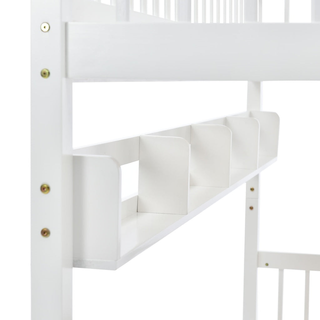 Bunk Bed, Kids Children, 3FT Solid Pine Wood Single Bed Frame & Under Bed Slide Drawer Storage, With Shelf, White 90x190cm