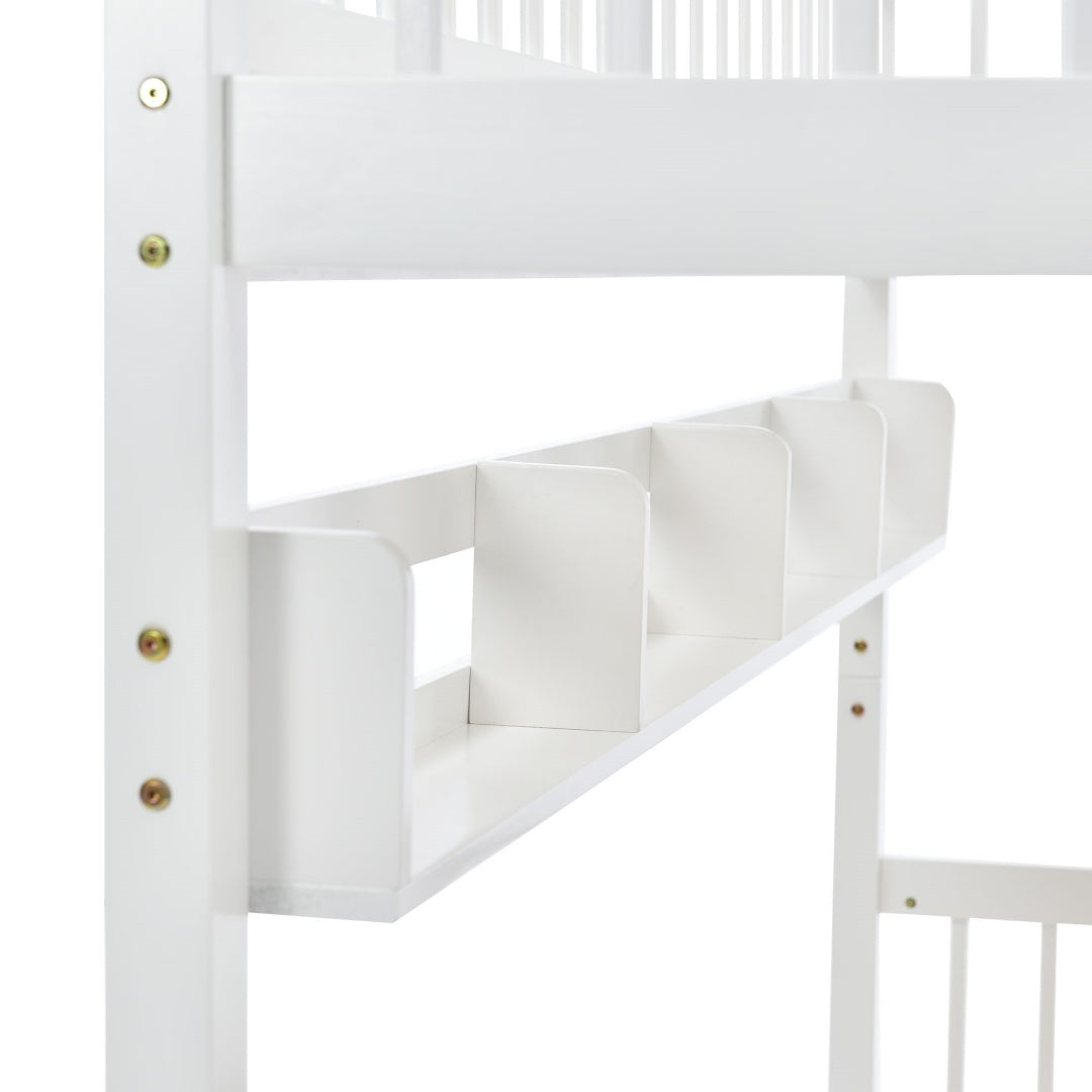 Bunk Bed, Kids Children, 3FT Solid Pine Wood Single Bed Frame & Under Bed Slide Drawer Storage, With Shelf, White 90x190cm