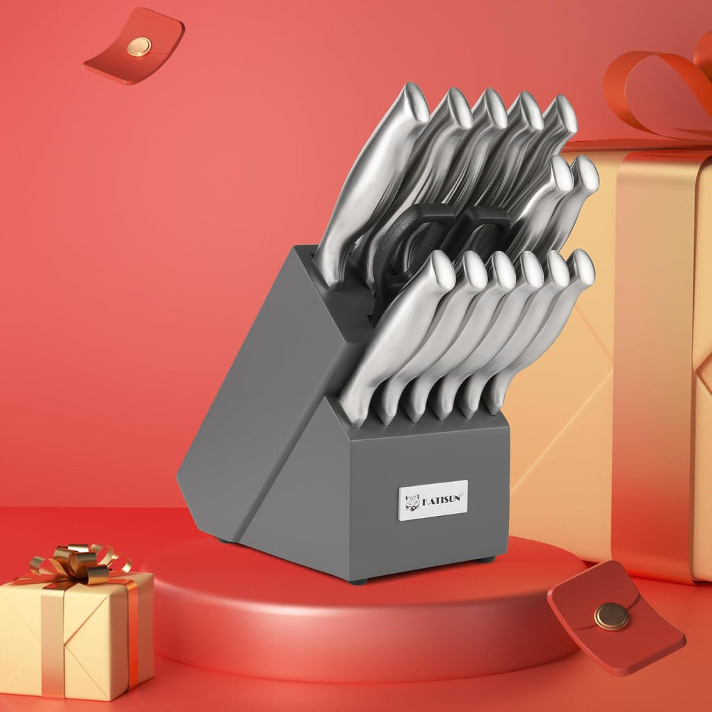 Kitchen Knife Set, 15 Pieces Knife Set With Block, Knives Set For Kitchen, Silver Hollow Ergonomic Handle For Chef Knife Set, Kitchen Shears,Black Knife Block Set