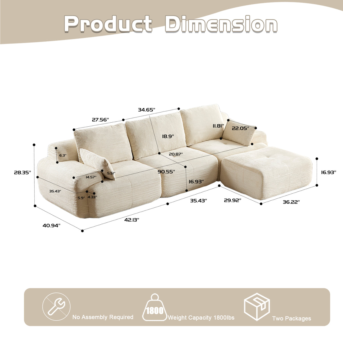 Modern Memory Foam Compressed Sofa,Large Sectional Couches For Living Room,Pet-Friendly Cloud Modular Sectional Sofa,Corduroy Fabric,Extra Deep Loveseat,No Assembly Required, BEIGE