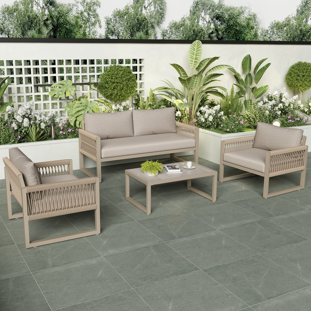 Outdoor Patio&Backyard Furniture Garden Lounge Set For 4 People, Thick Quality Space Saving Sofa With Glass Coffee Table, Khaki