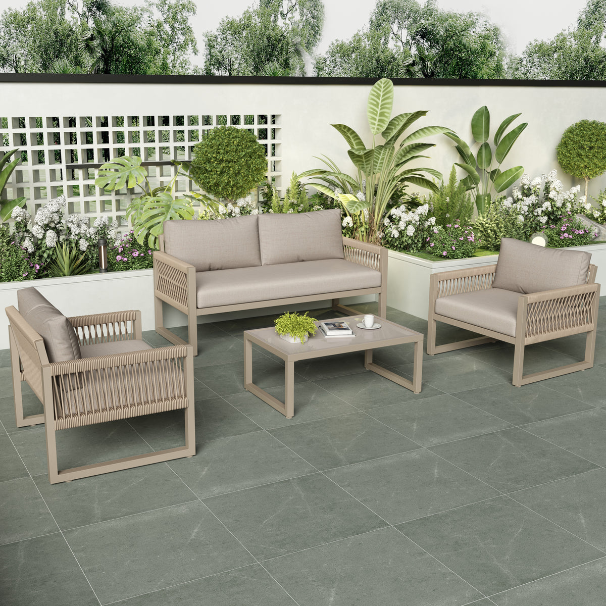 Outdoor Patio&Backyard Furniture Garden Lounge Set For 4 People, Thick Quality Space Saving Sofa With Glass Coffee Table, Khaki