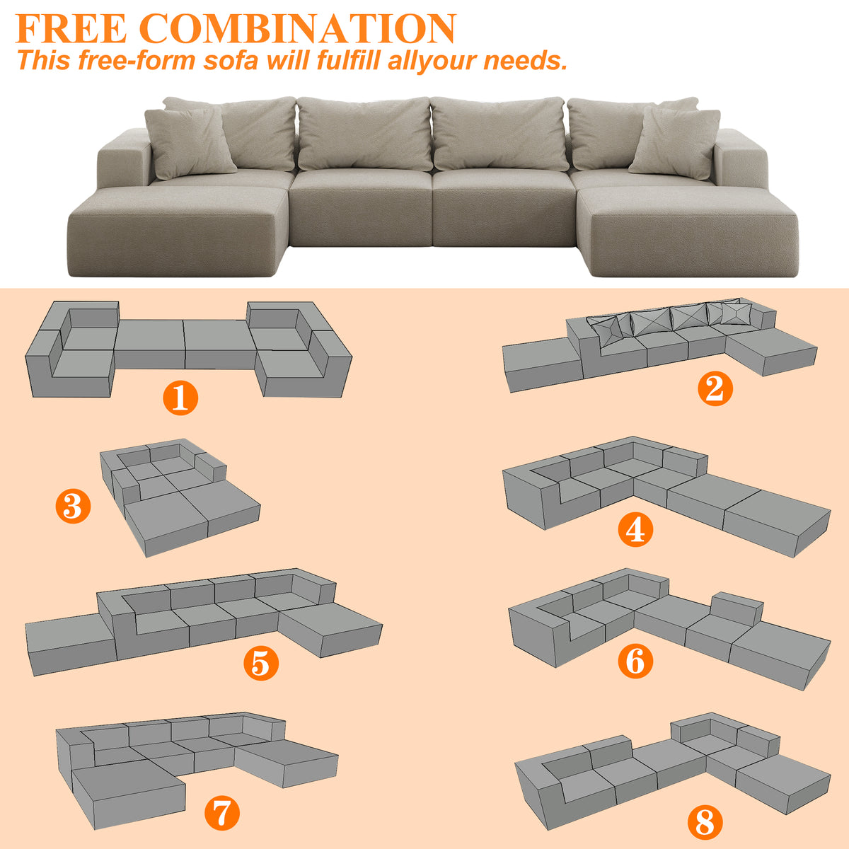 Oversized Sponge Cloud Sofa,Modern Upholstered Sectional Sofa Couch Set,Modular 162  L Shaped Sectional Living Room Sofa Set With 6 Pillows,Free Combination Sofa Couch For Living Room,Bedroom