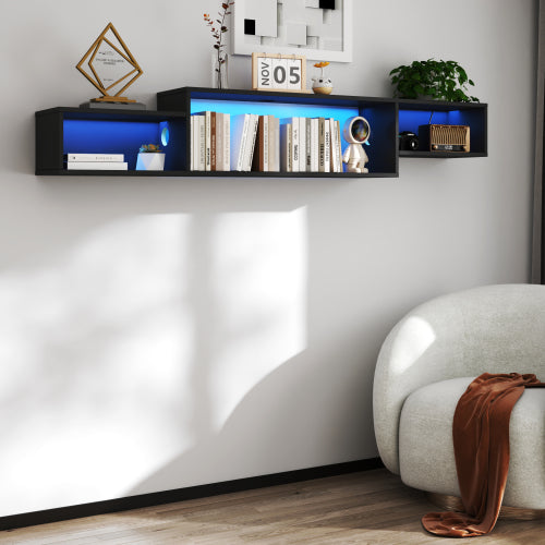 65.35in Wall Mounted Floating TV Stand With 20 Color LEDs And Charging Station