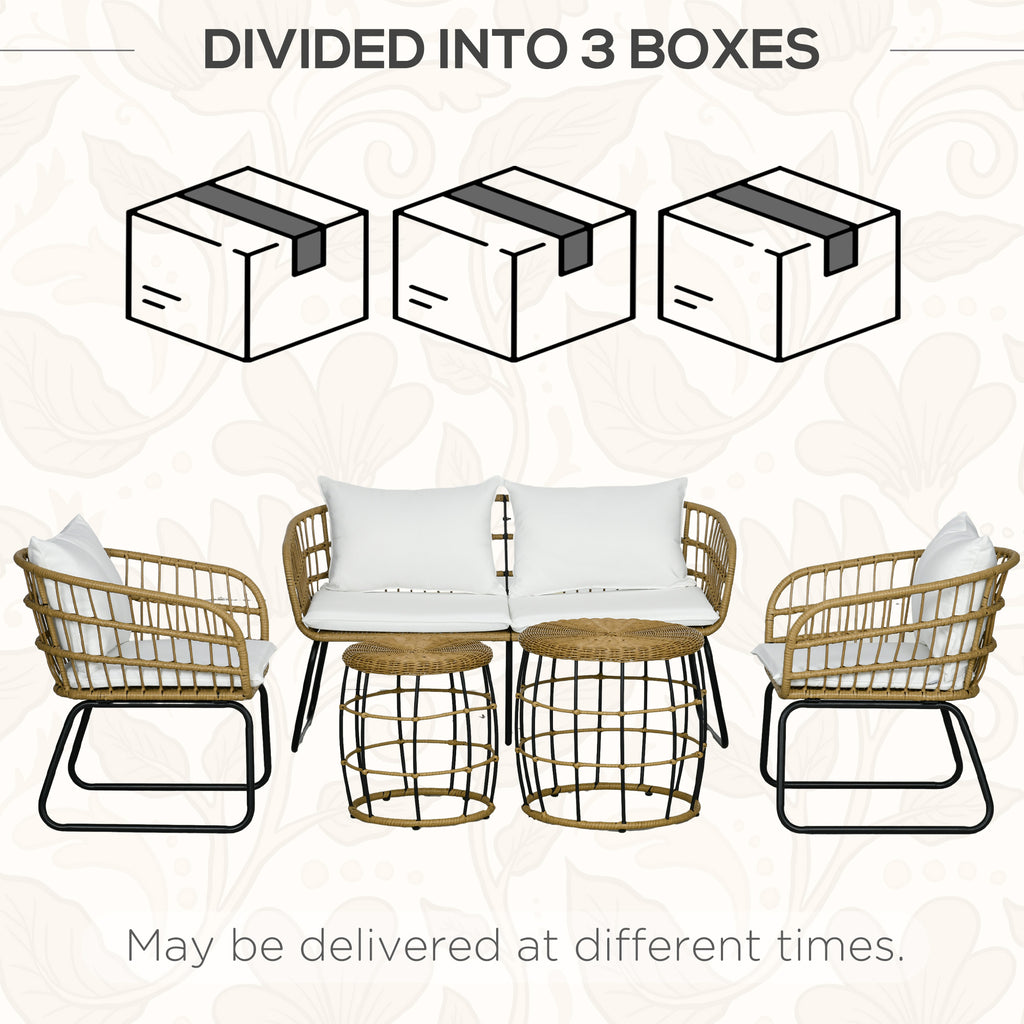 5 Piece PE Rattan Outdoor Furniture Set with Cushioned Chairs, Loveseat Sofa & Stackable Coffee Tables, Cream White