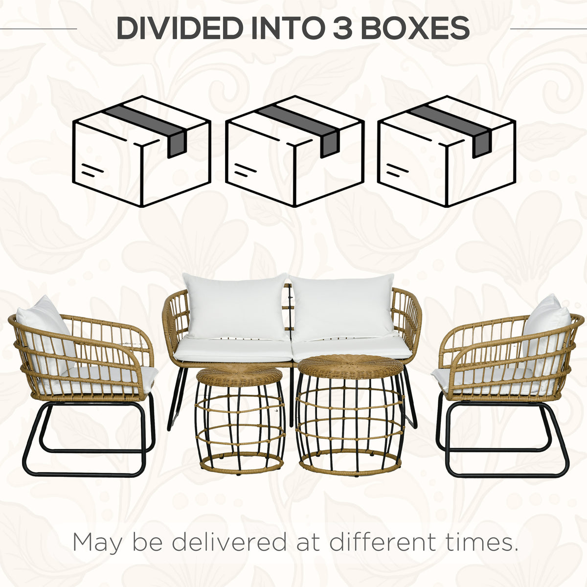 5 Piece PE Rattan Outdoor Furniture Set with Cushioned Chairs, Loveseat Sofa & Stackable Coffee Tables, Cream White