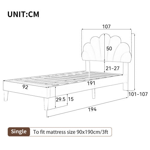 3ft Single Upholstered Velvet Bed Frame, With Adjustable Chic Petal Headboard, Velvet Platform Bed Frame With Solid Wood Slat, No Box Spring Needed, Easy Assembly, Beige